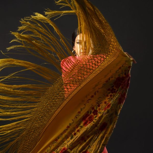 Flamenco dancer moving gracefully, her vibrantly patterned fringed shawl swirling dynamically against a dark background, embodying Spanish culture and passion